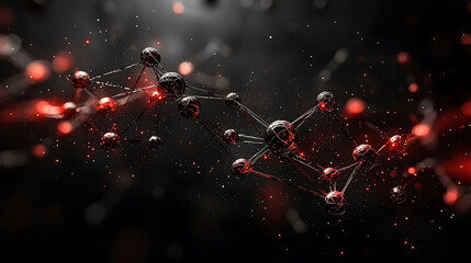 Abstract 3D rendering of interconnected molecules, glowing red accents on dark background.  Perfect for science, technology, and network concepts.