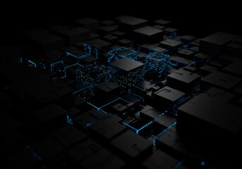 Dark tech abstract with floating blocks, some solid, some glowing blue. Modern, sleek, data-driven, and mysterious