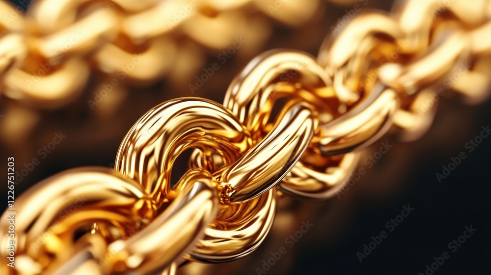 Poster closeup of a shiny golden chain links on a dark background
