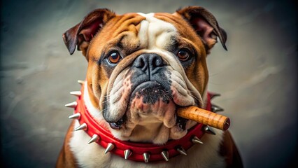Obraz premium English Bulldog Red Spiked Collar Bone Documentary Style AI Photo
