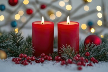 Two red candles placed on top of snowy ground, perfect for winter scenes or festive decor