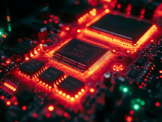 Closeup shot of a circuit board glowing red, showcasing intricate details of microchips and electronic components.  Perfect for tech, innovation, and futuristic concepts.