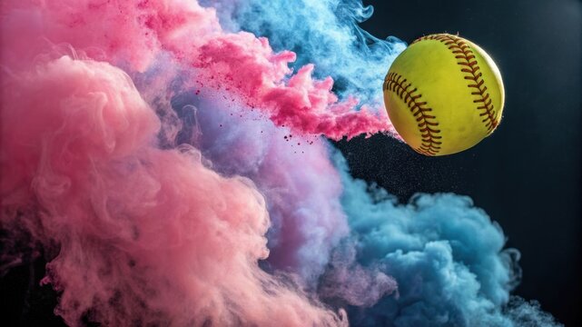 A vibrant softball bursts through colorful smoke, creating a dynamic and energetic visual effect. - Powered by Adobe