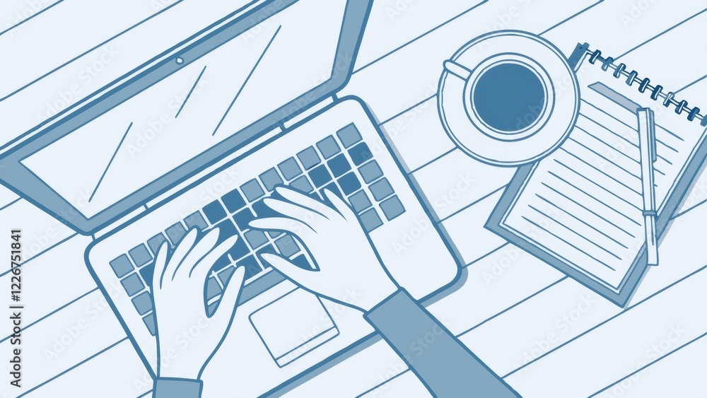 Poster a top-down view of hands typing on a laptop, accompanied by a cup of coffee and a notepad, creating 