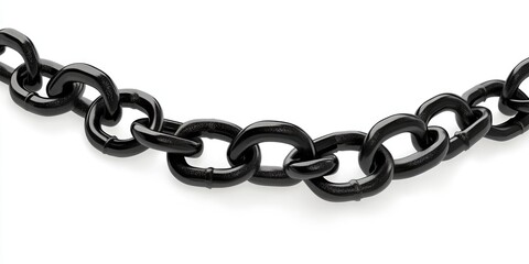 Fototapeta premium A chain of black metal links. The chain is long and has a silver clasp. The chain is hanging from a white background