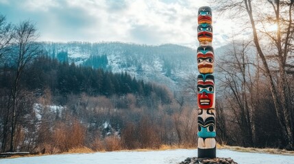 Majestic Totem Pole in Winter Wonderland