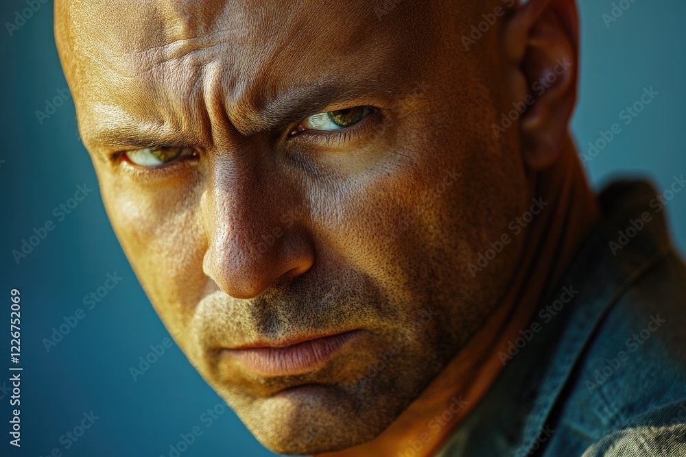 Poster a detailed portrait of a person with a shaved or bald head, suitable for use in various contexts
