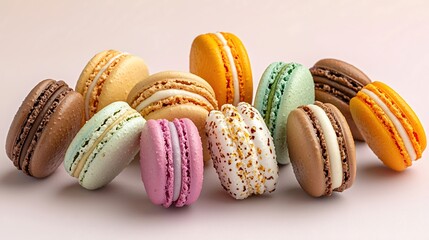 A visually appealing close-up of assorted colorful macarons set against a pastel background, with a spacious area for text, balanced composition highlighting the fine details and textures of the