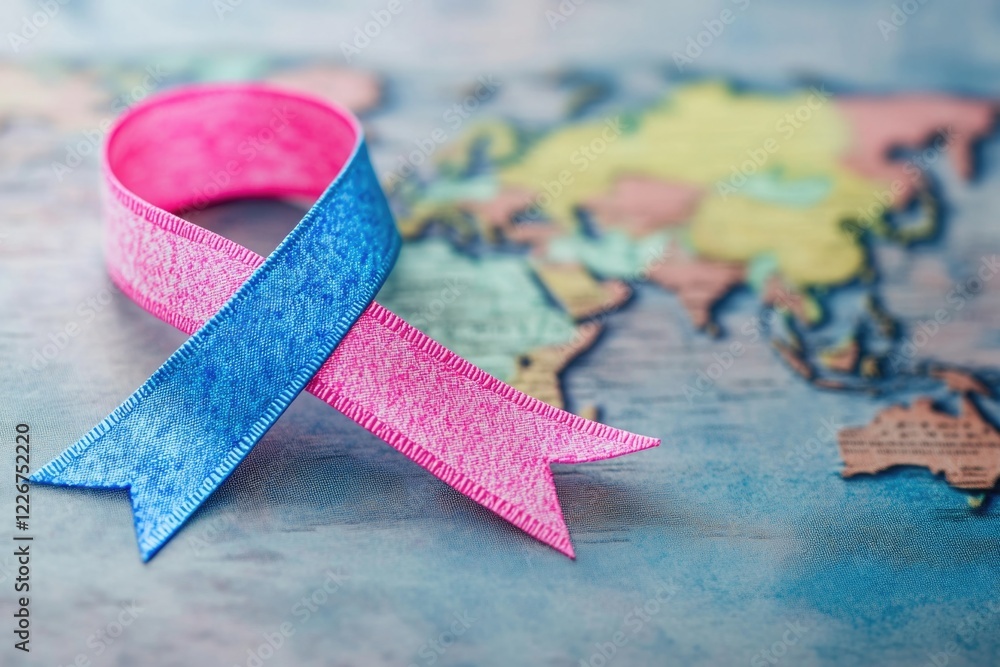 Poster A pink and blue ribbon placed on a map, perfect for use in navigation or wayfinding illustrations