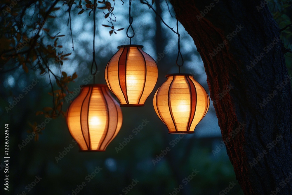 Poster three lanterns hanging from a tree, each with a yellow light. the lanterns are hanging from a tree b