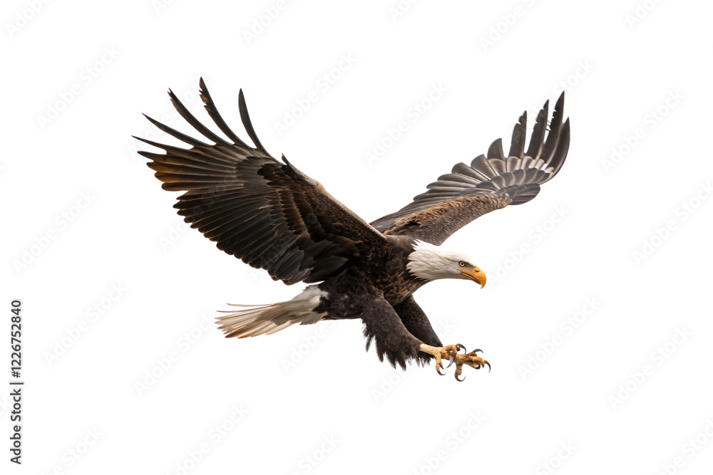 Poster a bald eagle diving with precision, its sharp beak and extended claws ready, embodying strength and 