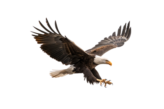 A bald eagle diving with precision, its sharp beak and extended claws ready, embodying strength and agility, isolated on a transparent background