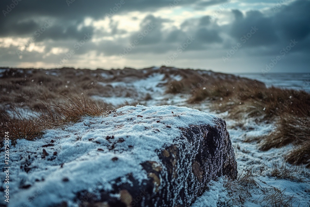 Poster a single snow-covered rock sits in a open field, with no other features or objects around it