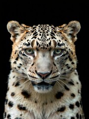 Fototapeta premium Isolated snow leopard with intense gaze on black background, majestic, animal, wild cat