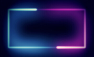 Glowing neon rectangular frame transitions from electric blue to vibrant pink against dark background. Sleek minimalist border design creates retro-futuristic atmosphere with subtle light blur fx.
