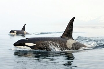 Fototapeta premium Killer whales swimming with open fins isolated on white, ocean creature, orca swimming, marine life