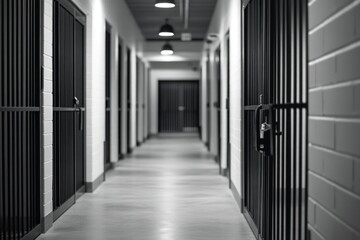 A long hallway with a door that has a lock on it. The hallway is empty and the door is closed