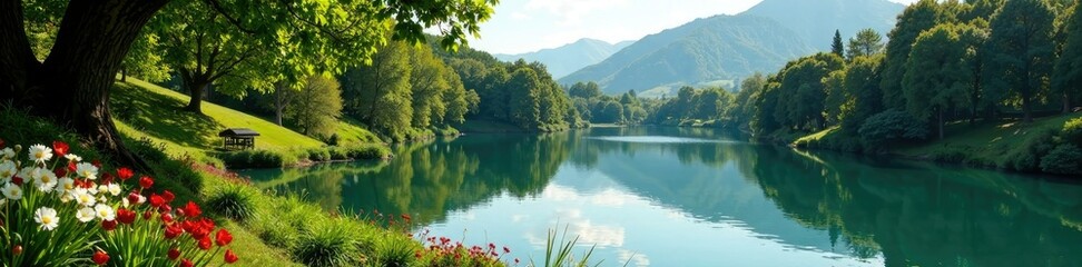 Lago con barca in mezzo a un giardino di erbe, natura, soli