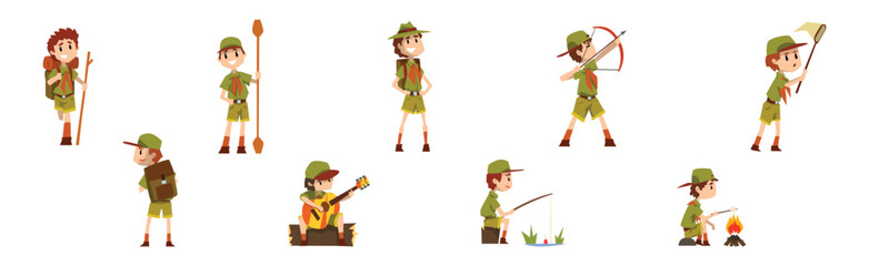 Funny Boy Scout in Khaki Uniform Explore Nature Vector Set