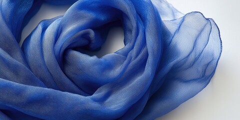 A close-up of a blue scarf on a white surface