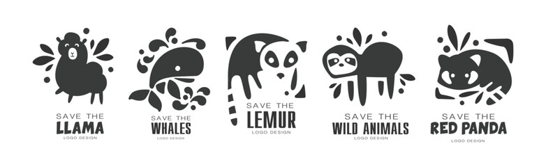 Save Wild Animal Logo and Monochrome Label Design Vector Set
