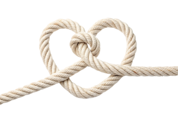 A heart-shaped knot made with light-colored rope, intricately tied with soft curves, symbolizing unity or love, isolated on a transparent background