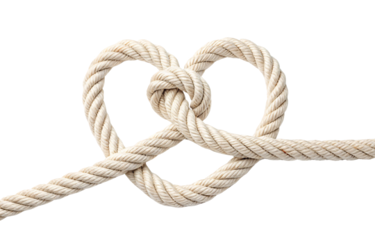 A heart-shaped knot made with light-colored rope, intricately tied with soft curves, symbolizing unity or love, isolated on a transparent background