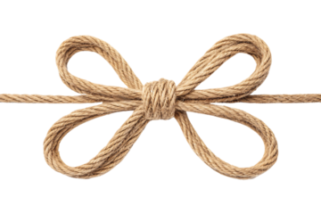 A knotted rope forming a symmetrical bow shape, with looped ends and a rustic texture, isolated on a transparent background