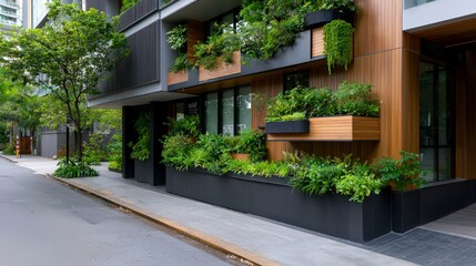 Fototapeta premium Lush Green Urban Landscape Featuring Contemporary Building Design and Vibrant Plant Life