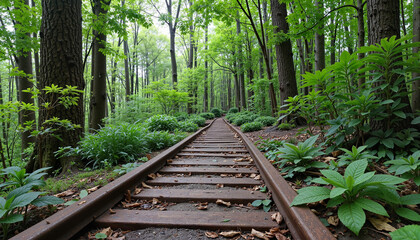 Obraz premium Abandoned railway tracks surrounded by lush green forest
