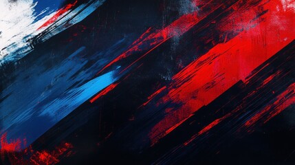 Naklejka premium A dynamic abstract background with bold blue, black, and red brushstrokes layered over a halftone pattern, featuring sharp scratches and rugged textures.