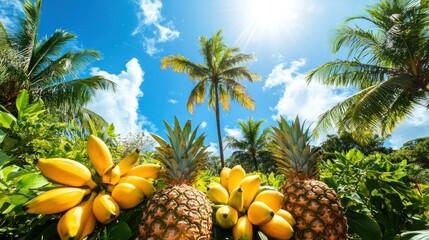 Tropical Paradise: Sun-Kissed Pineapples and Bananas under Palm Trees