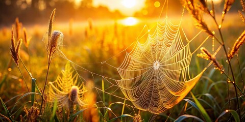 Evening Sunlight Through Twisted Spiderwebs on Grass
