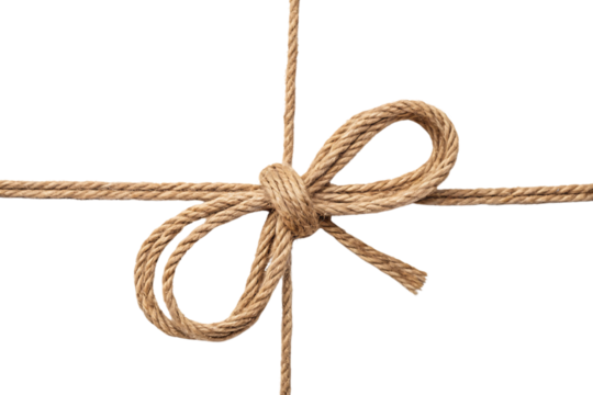 A neatly tied rustic rope bow with intersecting lines, creating a minimalist yet intricate pattern, isolated on a transparent background