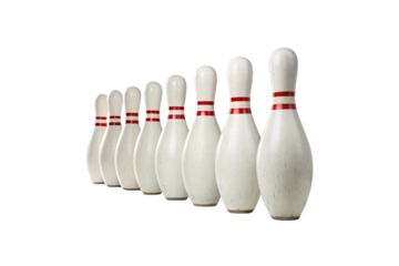 A row of white bowling pins with red stripes, arranged diagonally, creating depth, isolated on a transparent background
