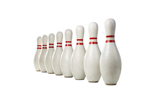 A row of white bowling pins with red stripes, arranged diagonally, creating depth, isolated on a transparent background