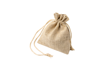 A side perspective of the burlap pouch, highlighting its robust structure and rustic aesthetic with soft, tied strings, isolated on a transparent background