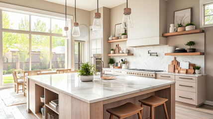 Fototapeta premium Bright Modern Kitchen Design Spacious Island with Marble Countertop, White Shaker Cabinets, and Natural Wood Accents Create a Stylish and Functional Space for Cooking and Dining.