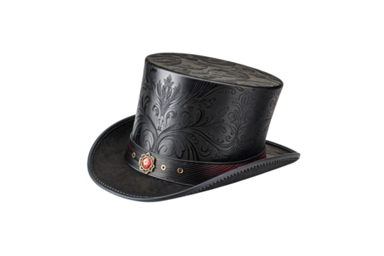 A sleek black top hat featuring elegant embossed floral patterns, accented with a red gem and subtle red stripes, isolated on a transparent background - Powered by Adobe