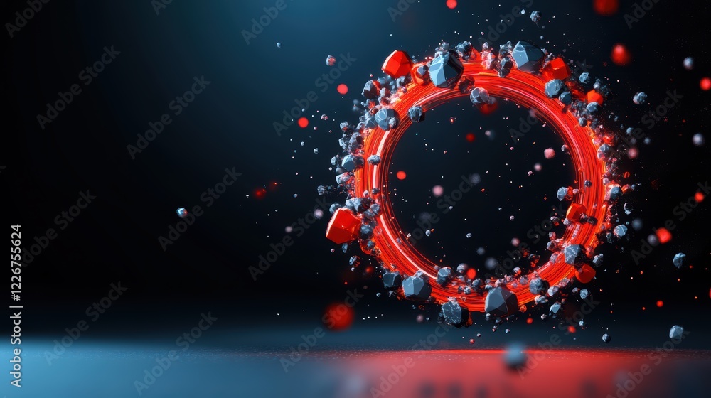Poster abstract red and black geometric ring with floating particles