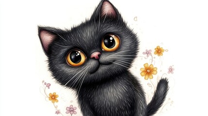 Adorable Black Kitten with Yellow Eyes and Flowers