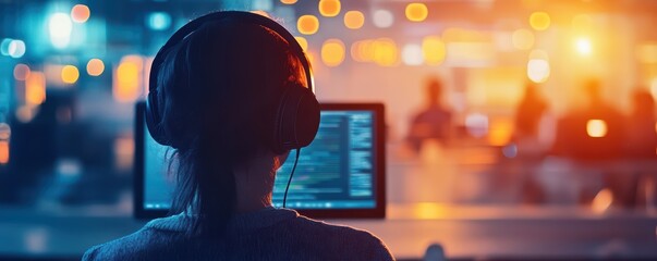 Female asian adult programmer wearing headphones coding in dimly lit tech workspace