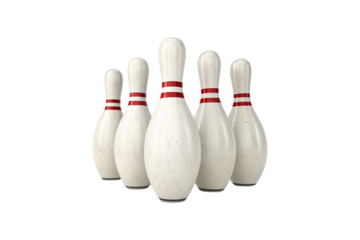 Five slightly weathered bowling pins arranged in a triangular formation, their red stripes and textured surfaces hinting at nostalgic bowling alley charm, isolated on a transparent background