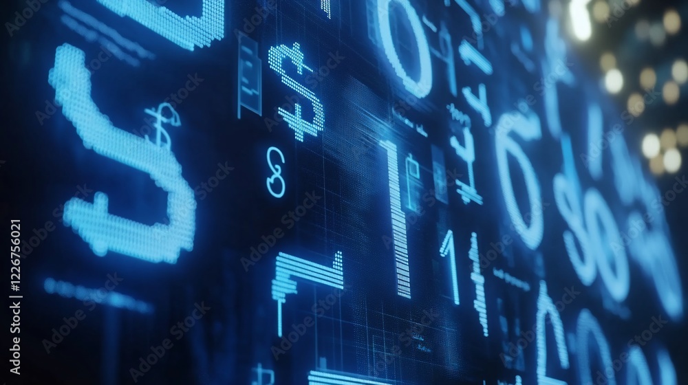Poster abstract digital display with blue illuminated numbers and currency symbols on a dark background