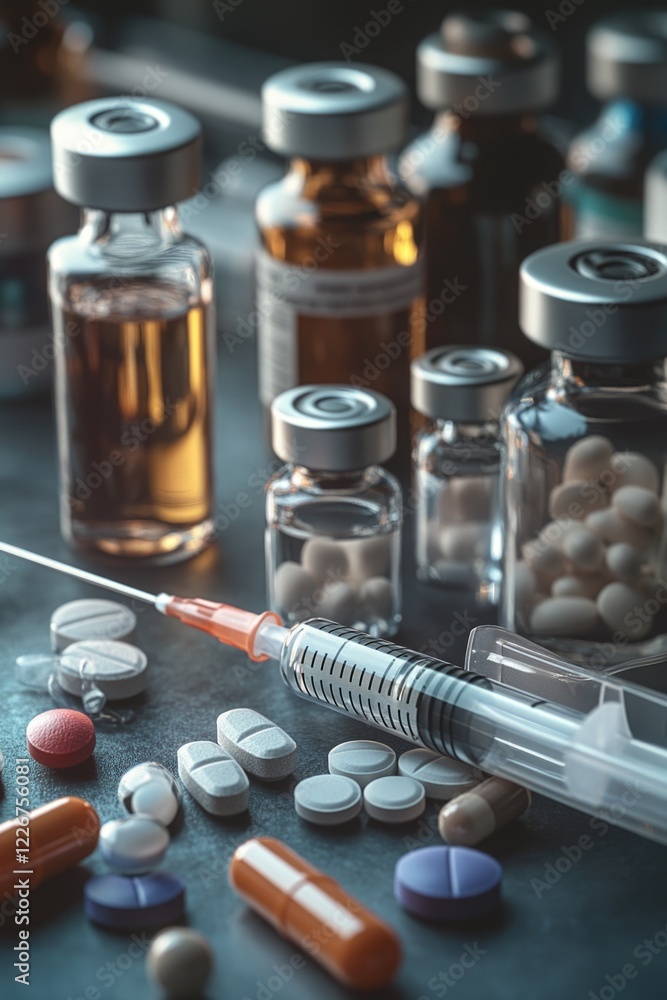 Poster a collection of pills and a syllabus book placed on a table, possibly for a medical or academic sett