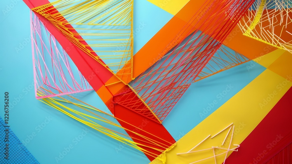 Poster artistic showcase of geometric string tags in a studio environment close up product photography