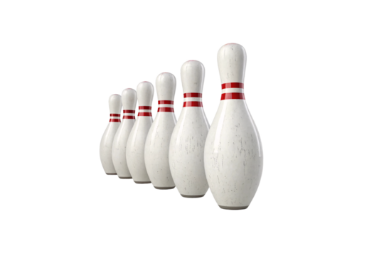 Six vintage-style bowling pins, aligned diagonally, each marked with two red stripes, displaying subtle scuffs and textures for a classic bowling look, isolated on a transparent background