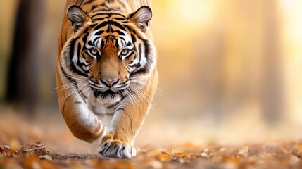 Fototapeta premium Majestic bengal tiger striding through autumn forest