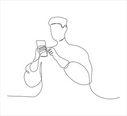 One continuous line drawing of person holding phone concept. single line half body person holding phone. editable stroke