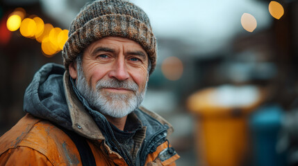 Obraz premium Weathered fisherman smiling in rustic harbor setting